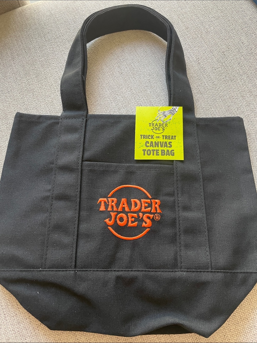 NWT Trader Joe's Black Canvas Tote Bag with Orange Logo